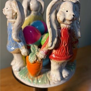 Hand-painted anthropomorphic bunny figurines. NEW. 8 Plastic toy eggs.